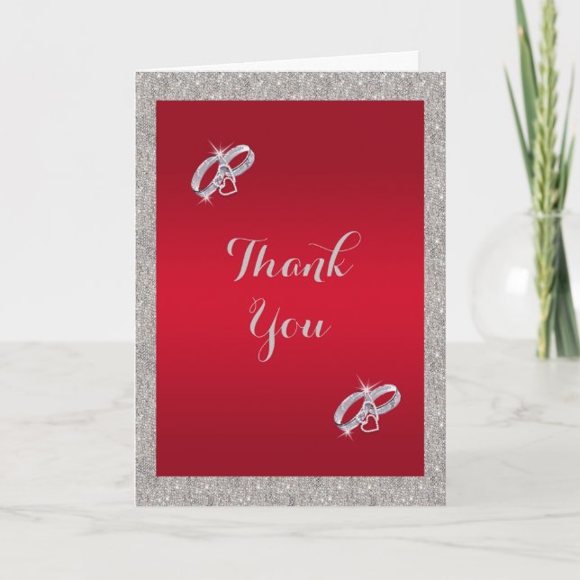 Elegant Ruby Red & Sparkly Silver Rings Wedding Card (Front)