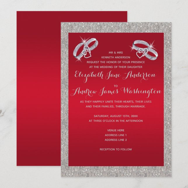 Elegant Ruby Red & Sparkly Silver Rings Wedding Invitation (Front/Back)