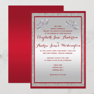 Elegant Ruby Red & Sparkly Silver Rings Wedding Invitation