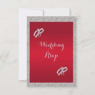 Elegant Ruby Red & Sparkly Silver Rings Wedding RSVP Card