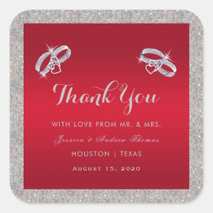 Elegant Ruby Red & Sparkly Silver Rings Wedding Square Sticker