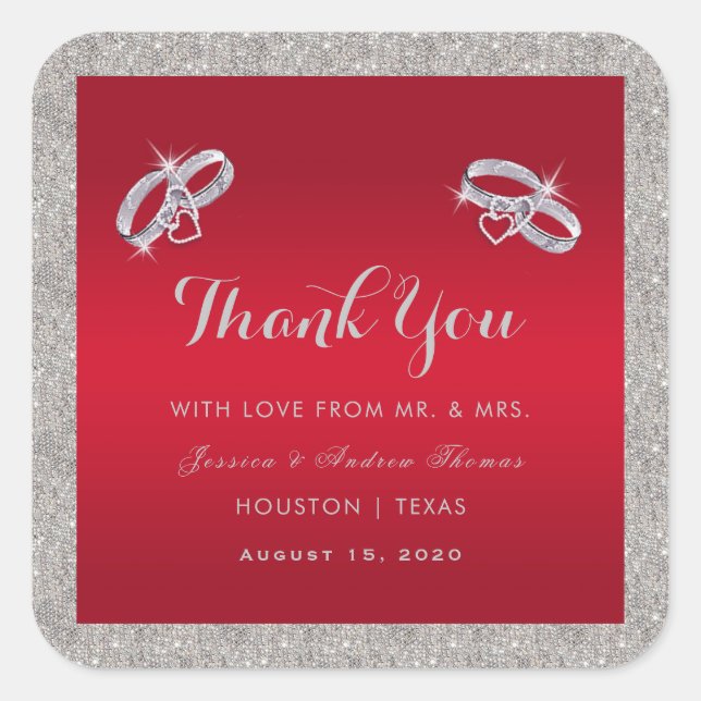 Elegant Ruby Red & Sparkly Silver Rings Wedding Square Sticker (Front)