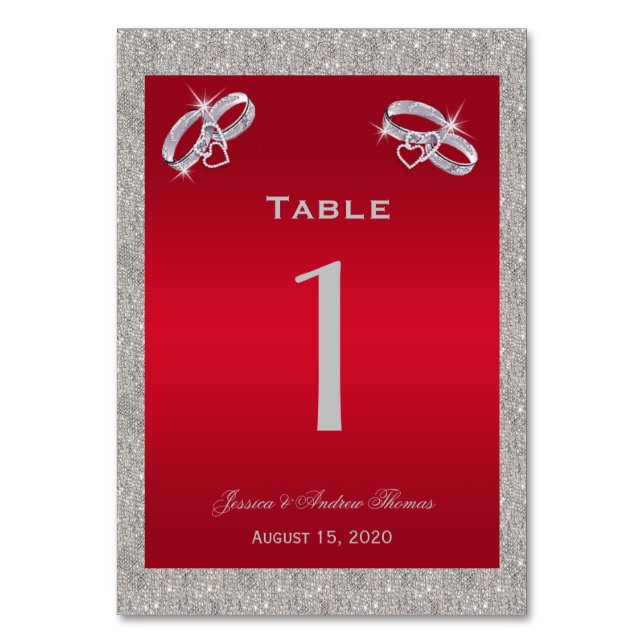 Elegant Ruby Red & Sparkly Silver Rings Wedding Table Number (Front)