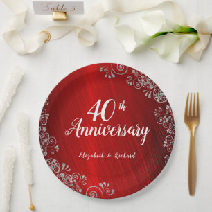 Elegant Ruby Red Swirl 40th Anniversary  Paper Plate