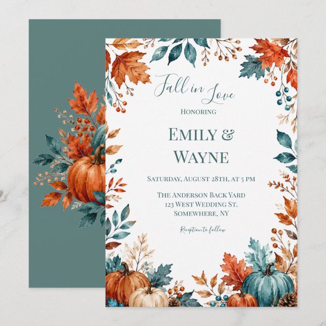 Elegant Rust and Teal Pumpkin Wedding Invitation (Front/Back)