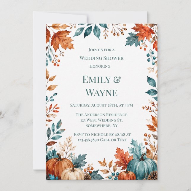 Elegant Rust and Teal Pumpkin Wedding Shower Invitation (Front)