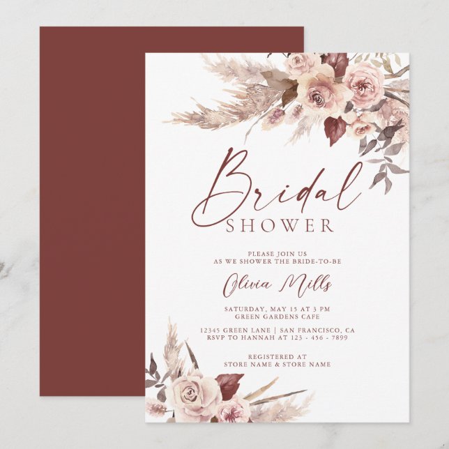 Elegant Rust Champagne Pampas Boho Bridal Shower Invitation (Front/Back)