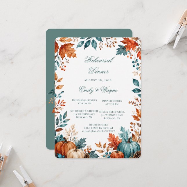 Elegant Rust & Dark Teal Pumpkin Rehearsal Dinner Invitation (Front/Back In Situ)