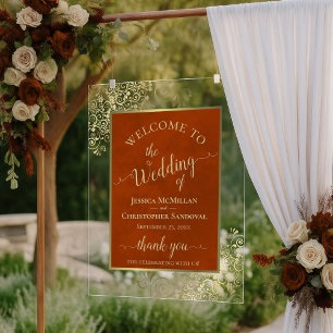 Elegant Rust Orange and Gold Wedding Welcome Acrylic Sign