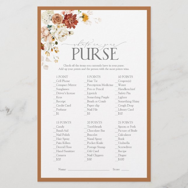 Elegant Rust Orange Floral Bridal Shower Game (Front)