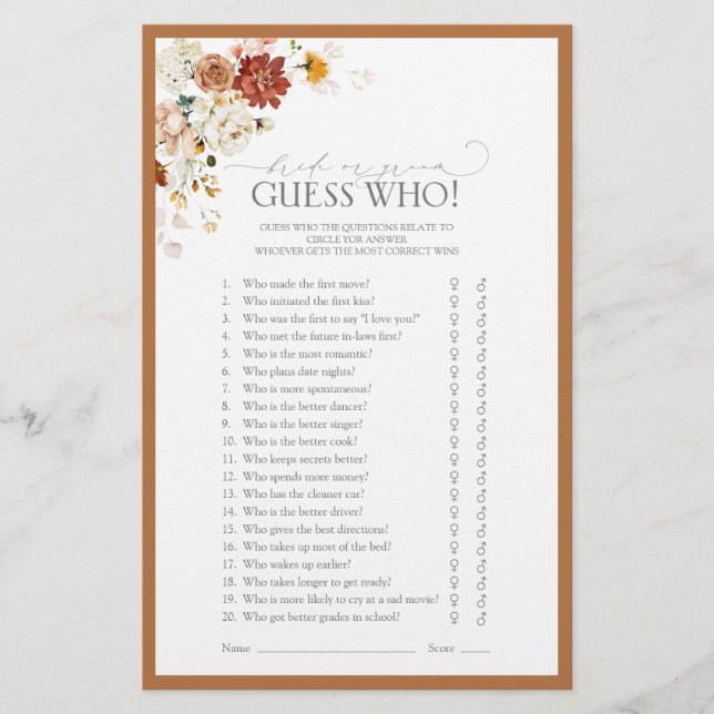 Elegant Rust Orange Floral Bridal Shower Game (Front)