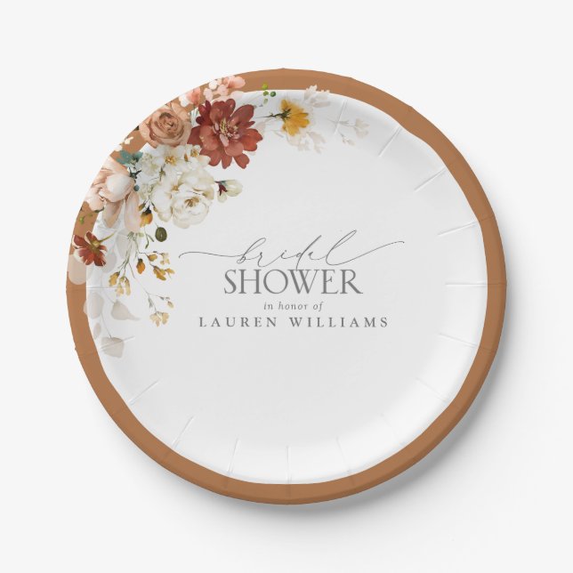 Elegant Rust Orange Floral Bridal Shower Paper Plate (Front)