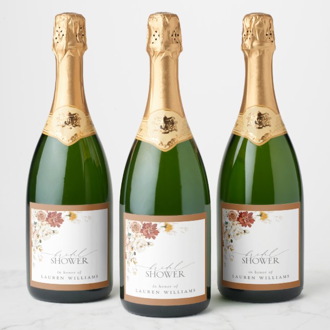 Elegant Rust Orange Floral Bridal Shower Sparkling Wine Label (Bottles)