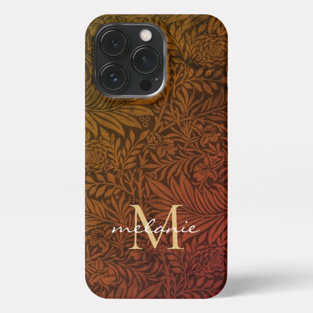 Elegant Rust Orange Gold Floral Script Monogram iPhone Case (Back)