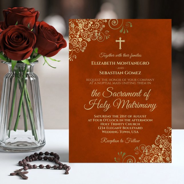 Elegant Rust Orange & Gold Modern Catholic Wedding Invitation (Creator Uploaded)