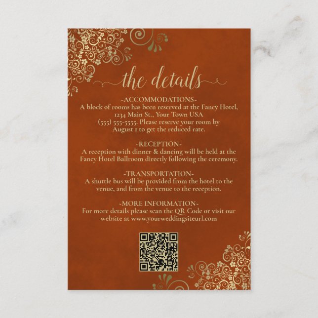 Elegant Rust Orange & Gold Wedding QR Code Details Enclosure Card (Front)