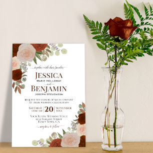 Elegant Rust Orange & Peach Roses Boho Wedding Invitation