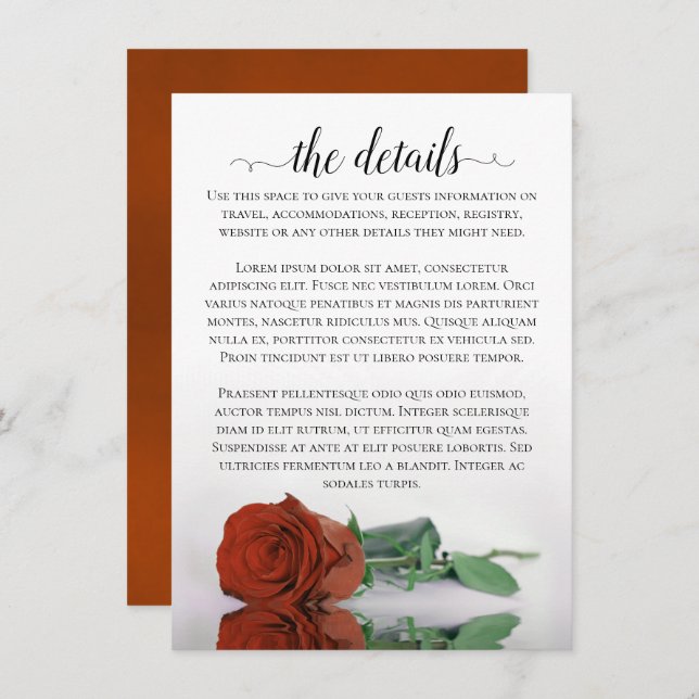 Elegant Rust Orange Romantic Rose Wedding Details Enclosure Card (Front/Back)