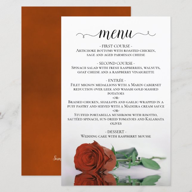 Elegant Rust Orange Rose Budget Wedding Menu (Front/Back)
