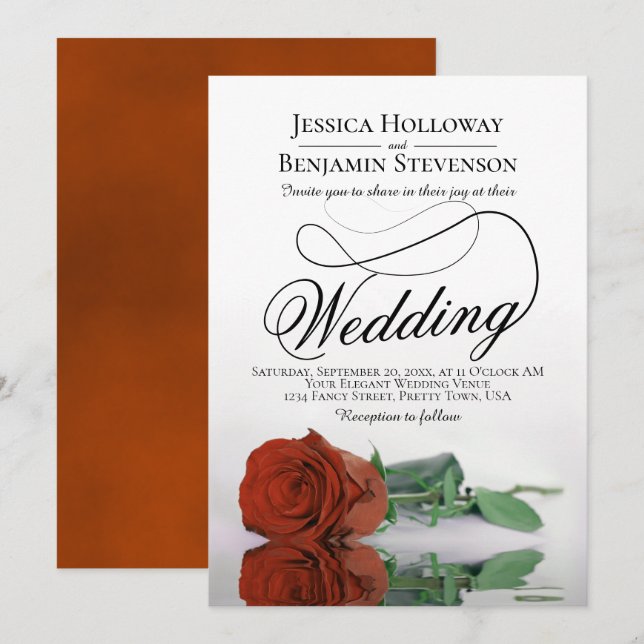 Elegant Rust Orange Rose Classy Script Wedding Invitation (Front/Back)