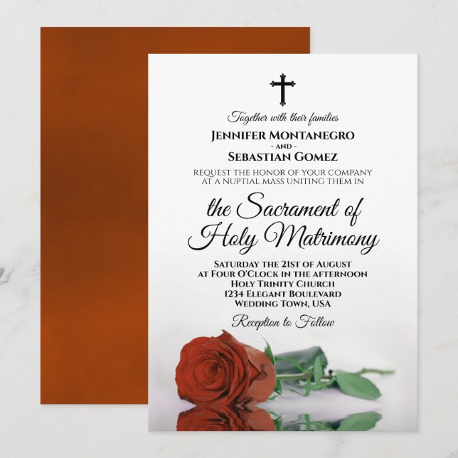 Elegant Rust Orange Rose Modern Catholic Wedding Invitation (Front/Back)