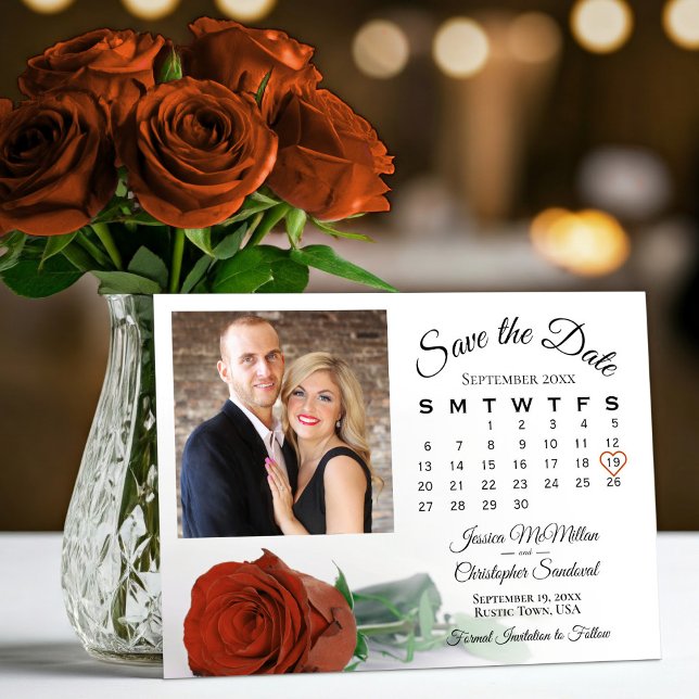 Elegant Rust Orange Rose Wedding Calendar & Photo Save The Date (Creator Uploaded)