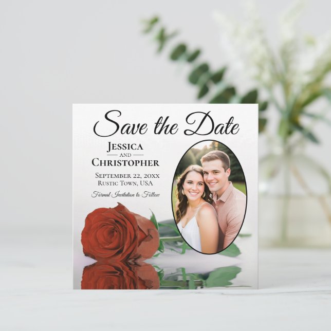 Elegant Rust Orange Rose White Oval Photo Wedding Save The Date (Standing Front)