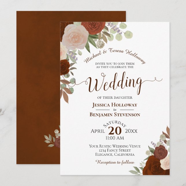 Elegant Rust Orange Watercolor Floral Wedding Invitation (Front/Back)
