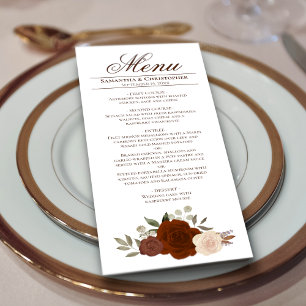 Elegant Rust Orange Watercolor Roses Boho Wedding Menu