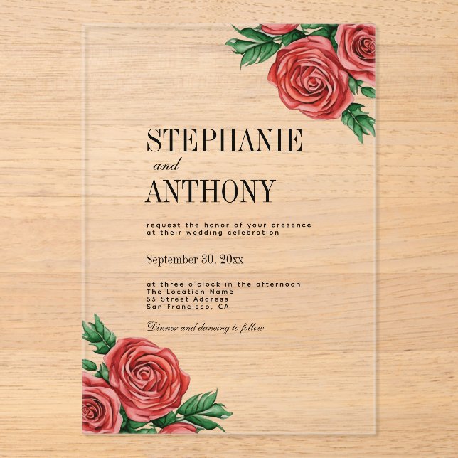 Elegant Rust Red and Sage Floral Roses Wedding Acrylic Invitations (Front)