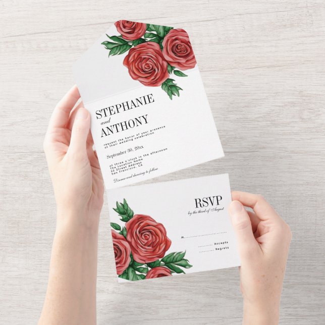 Elegant Rust Red and Sage Floral Roses Wedding All In One Invitation (Tearaway)