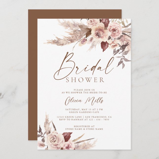 Elegant Rust Terracotta Pampas Boho Bridal Shower Invitation (Front/Back)