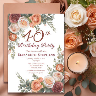 Elegant Rust Terracotta Rose Floral 40th Birthday Invitation