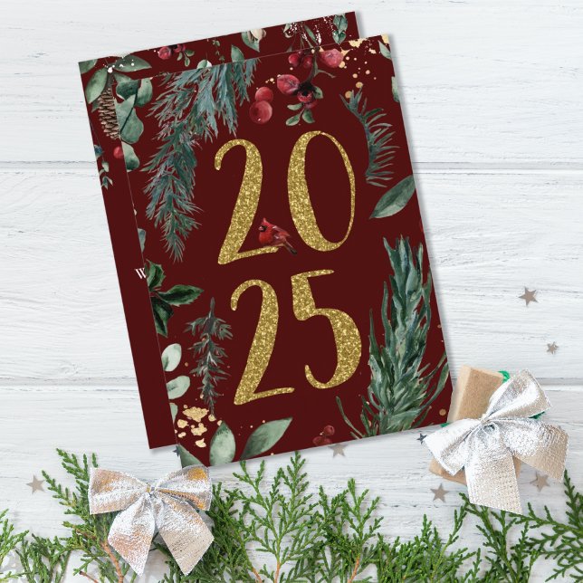 Elegant Rustic 2025 New Years Holiday Card (ELEGANT BURGUNDY RUSTIC 2025 NEW YEARS)