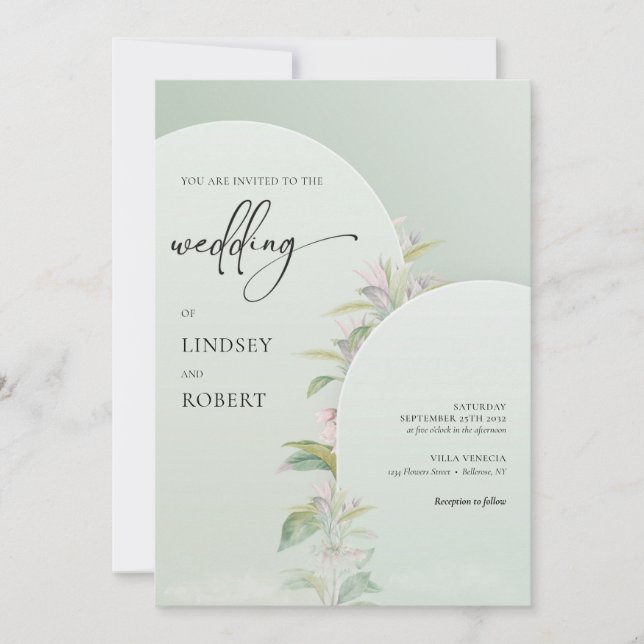 Elegant rustic arch green eucalyptus blush floral invitation (Front)