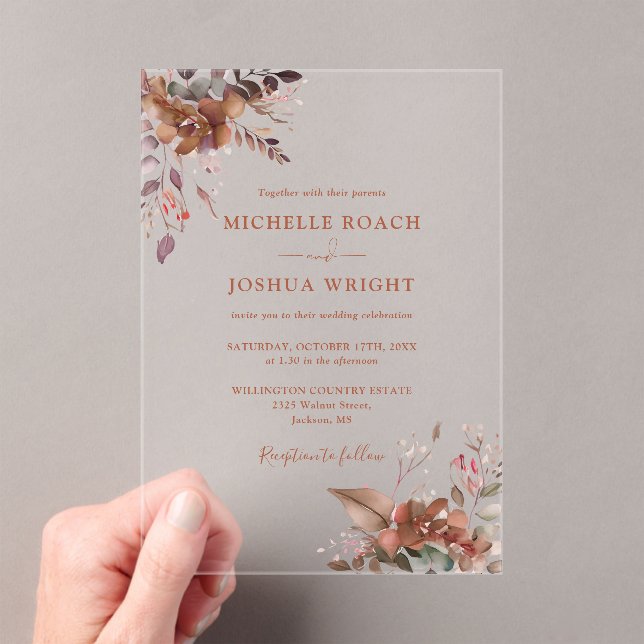 Elegant Rustic Autumn Fall Floral Wedding Acrylic Invitations (Insitu (Handheld))