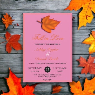Elegant Rustic Autumn Leaves Pink Fall Wedding Invitation
