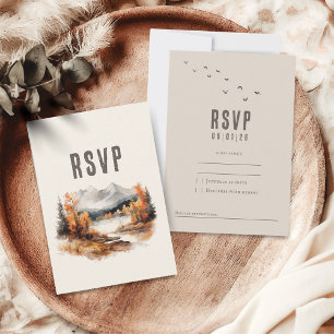 Elegant rustic autumn montain landscape wedding RSVP card