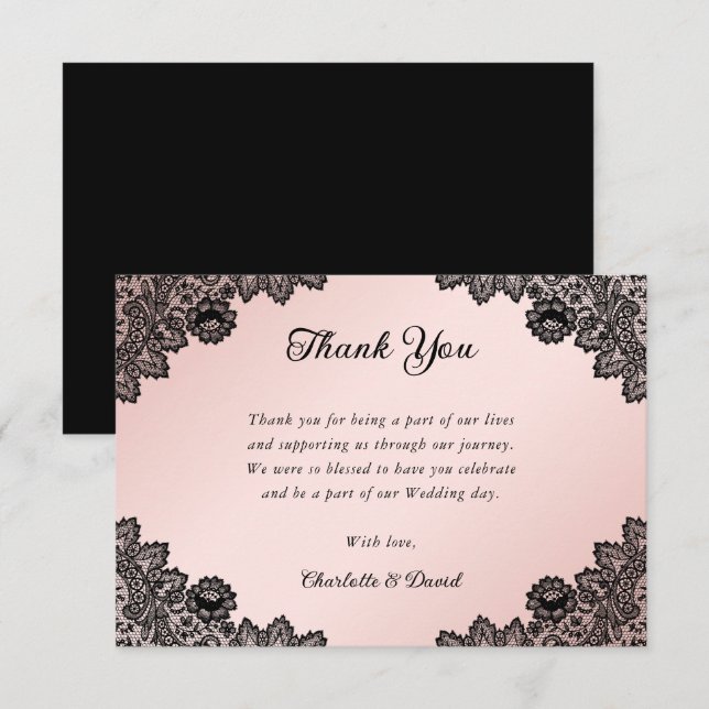 Elegant Rustic Black and Blush Floral Lace Wedding Thank You Card (Front/Back)