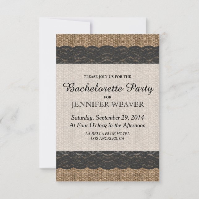 Elegant Rustic Black Lace and Jute Design Invitation (Front)