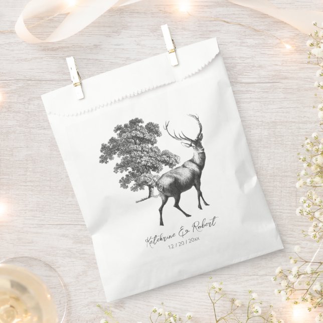Elegant Rustic Black White Deer in Woods Favour Bag (Clipped)
