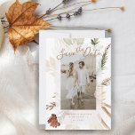 Elegant Rustic Boho Floral Pampas Save The Date<br><div class="desc">This elegant design features stunning spice brown, moss green, and cream bohemian floral bouquets. To enhance the details of your day, the script includes whimsical calligraphy and your lovely photo against a transparent deckled edge frame. Include your personal details on the front with your monogram initials on the back of...</div>