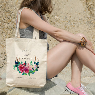 Elegant Rustic Boho Floral Stag Antlers Wedding Tote Bag