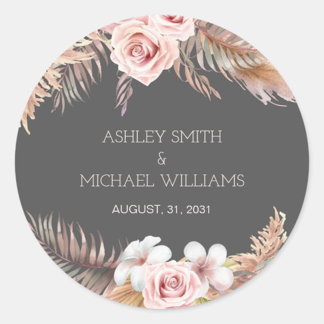 Elegant Rustic Boho Pampass Grass Dark Wedding Classic Round Sticker (Front)