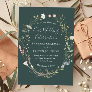 Elegant Rustic Boho Wildflower Dark Green Wedding Invitation