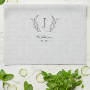 Elegant rustic botanical laurel monogram name kitchen towel