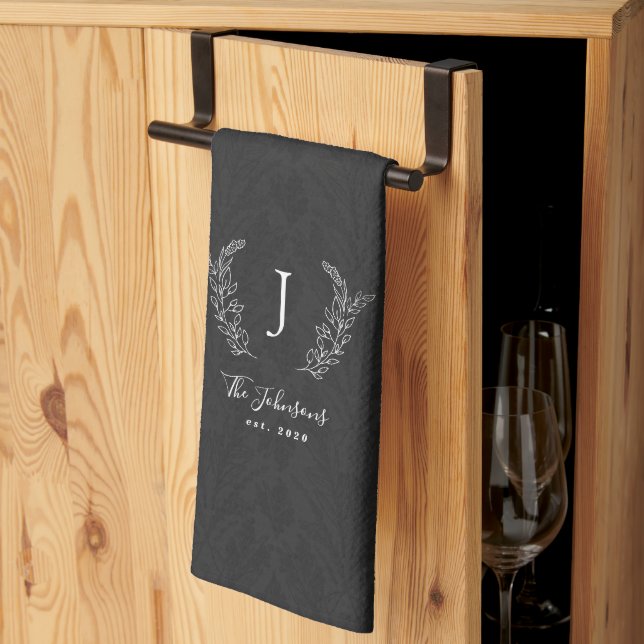 Elegant rustic botanical laurel monogram name kitchen towel (Thirds Fold)