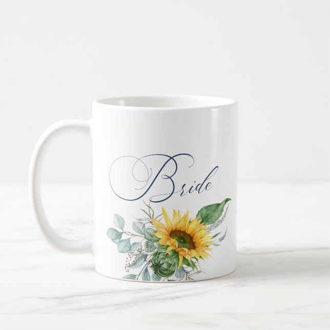 Elegant Rustic Bride Sunflower Eucalyptus Floral Coffee Mug (Left)