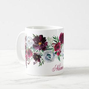Elegant Rustic Burgundy Blue Roses Peonies Name  C Coffee Mug