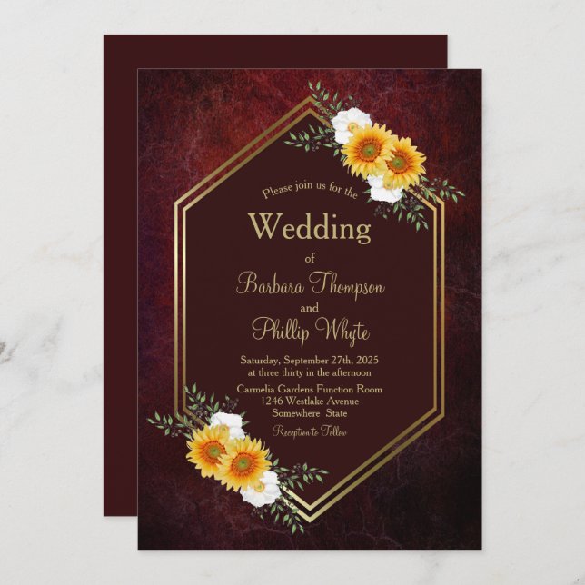 Elegant Rustic Burgundy Geometric Floral Wedding Invitation (Front/Back)